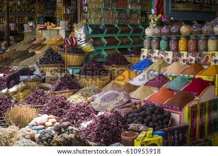 Traditional spices bazaar with herbs and spices in Aswan, Egypt.