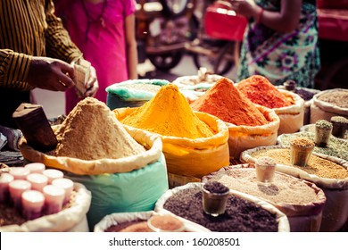 Traditional Spices And Dry Fruits In Local Bazaar In India. 