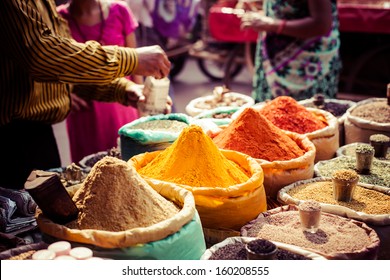 Traditional Spices And Dry Fruits In Local Bazaar In India. 