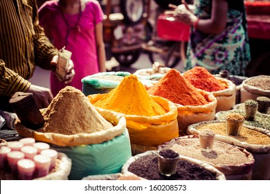 Traditional Spices And Dry Fruits In Local Bazaar In India. 