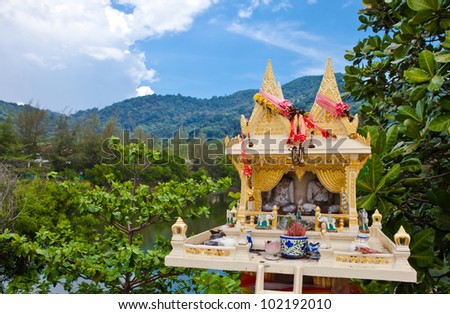 traditional spirit house in Thailand. Phuket. Small temple shrine.
