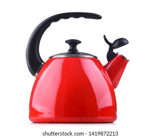 Traditional stainless steel stovetop kettle with whistle isolated on white background