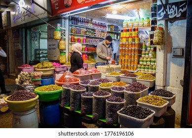 Traditional street food  and olives inside Hamidiyahs Souq  located inside the old walled city of Damascus, Syria, 22/12/2019
