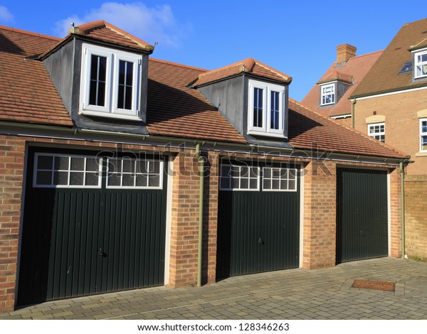 Traditional Style Garages Wooden Doors Dormer Stock Image