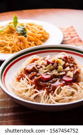 Traditional Sweet Filipino Spaghetti With Cheese And Hotdogs