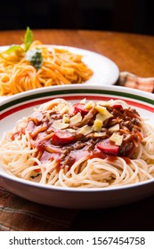 Traditional Sweet Filipino Spaghetti With Cheese And Hotdogs