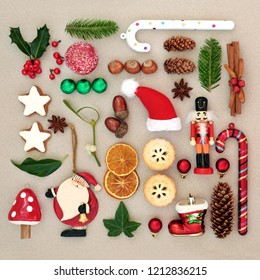 Traditional Symbols Of Christmas Selection With Food, Old Fashioned Retro Decorations And Winter Flora With Berries, Leaf Sprigs And Natural Objects.