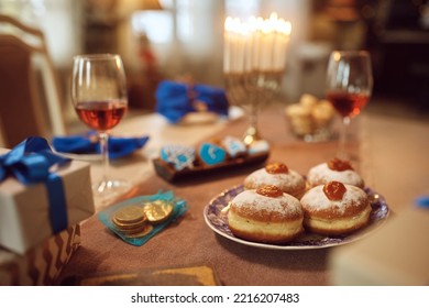 Traditional Table Setting During Hanukkah Celebration.