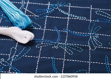 Traditional Technique Japanese Embroidery Sashiko Dragonflies Stock ...