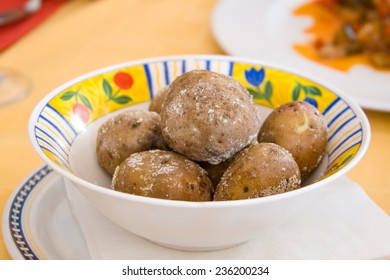 Traditional Tenerife Food: Papas Arrugadas. Canarian Wrinkly Potatoes Are Usually Served With A Pepper Sauce, Called Mojo.