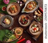 Traditional Thai food on dark background. Oriental food concept. Top view, flat lay, panorama.