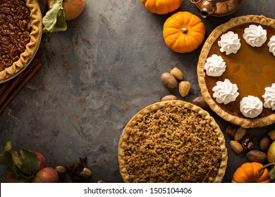 Traditional Thanksgiving Pies With Copy Space Overhead View