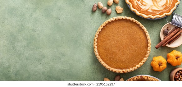 Traditional Thanksgiving Pumpkin Pie With Flaky Crust Overhead View