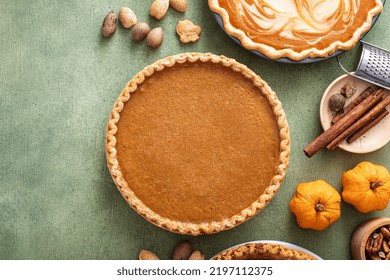 Traditional Thanksgiving Pumpkin Pie With Flaky Crust Overhead View