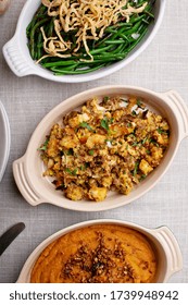 Traditional Thanksgiving Sides, Green Beans Casserole, Stuffing And Sweet Potatoes