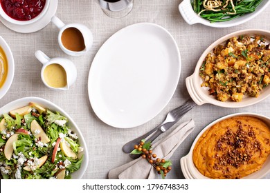 Traditional Thanksgiving Table With Copy Space On Empty Plate