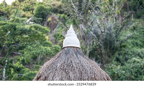 traditional thatched roof with a unique conical white cap, set against a lush green backdrop of tropical trees - Powered by Shutterstock