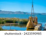 Traditional totora reed boats on Lake Titicaca, Bolivia. They are still built and used across the lake