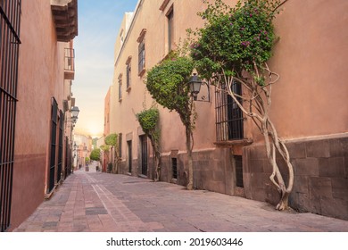 Traditional Tourist Street In The Center Of Queretaro, Mexico,  Historic City, No Person, Sunny Sunrise, Colonial Architecture