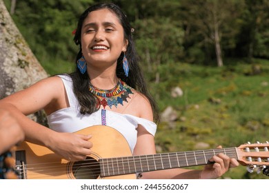 Traditional tunes echo in the Colombian countryside, a tribute to heritage. She is playing instruments and feeling the freedom - Powered by Shutterstock