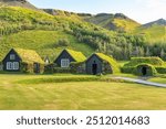 Traditional turf farmhouses at the Skógar Museum, Iceland.