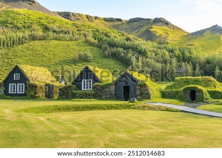 Traditional turf farmhouses at the Skógar Museum, Iceland.