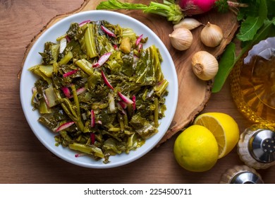 Traditional Turkish appetizers; Aegean Herbs Salad, Radish Salad. Turkish name; ege otlari mezesi or salatasi - Shutterstock ID 2254500711