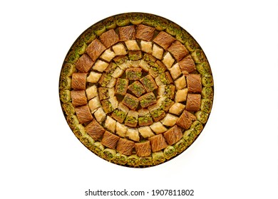 Traditional Turkish, Arabic Sweets Baklava Assortment With Pistachio Isolated On White. Top View, Copy Space