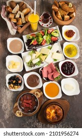 Traditional Turkish Breakfast, Bright Lunch, Still Life Of Food And Vegetables, White Dishes, Food Composition, Egg, Tomatoes, Cucumber, Olive, Cheese, Honey, Bread. Turkish Spread Breakfast. Brunch