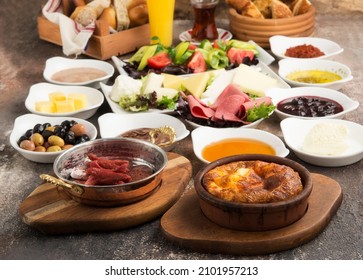 Traditional Turkish Breakfast, Bright Lunch, Still Life Of Food And Vegetables, White Dishes, Food Composition, Egg, Tomatoes, Cucumber, Olive, Cheese, Honey, Bread. Turkish Spread Breakfast. Brunch.