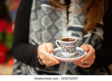 Traditional Turkish Coffee Drink In Woman Hands