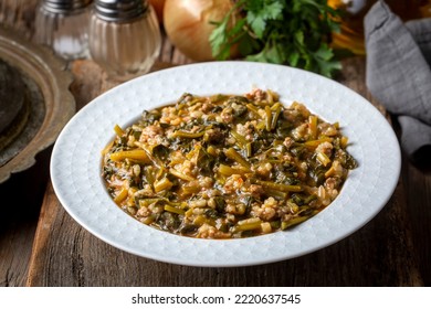 Traditional Turkish cuisine; Spinach with rice, spinach soup. Turkish name; pirincli ispanak yemegi, ispanak corbasi