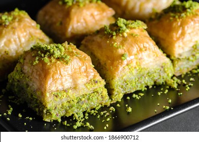 Traditional Turkish Dessert Antep Baklava With Pistachio On Rustic Table,  Ramadan Or Holiday Desserts Concept