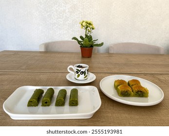 Traditional Turkish dessert baklava and Turkish coffee on he table.kalanchoe flower background - Powered by Shutterstock