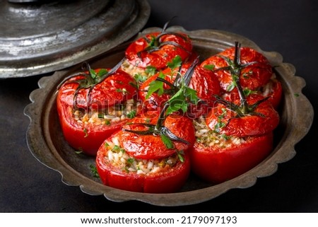 Traditional Turkish food; Stuffed tomatoes with olive oil stuffed with rice