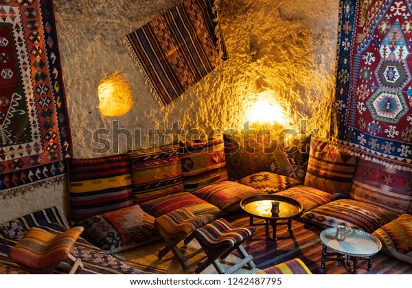 Traditional Turkish Interior Vintage Carpets Cushions Stock