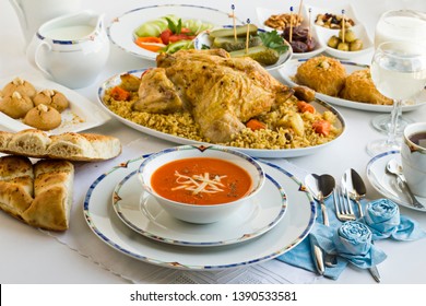 Traditional Turkish Ramadan Dinner Iftar Table With Roasted Chicken,rice And Soup On Stylish White Table.