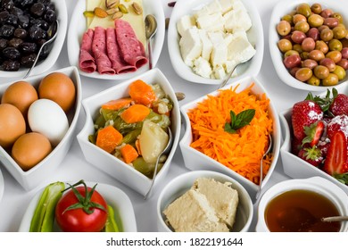 Traditional Turkish Spread Breakfast with fresh fruits and vegetables,top view - Powered by Shutterstock