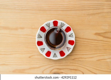 Traditional Turkish Tea On A Wooden Surface At Home In The Kitchen Balcony Daylight Top View