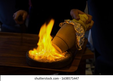 Traditional Turkish Testi Kebab - Tandir - Pottery Kebab Cooked In Clay Pt Over Fire In Istanbul.