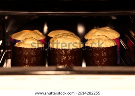 Traditional Ukrainian Easter kulich, the risen yeast dough in paper foms put in the oven for baking.