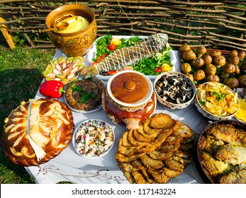 Traditional Ukrainian Food In Assortment In Festive Decorating