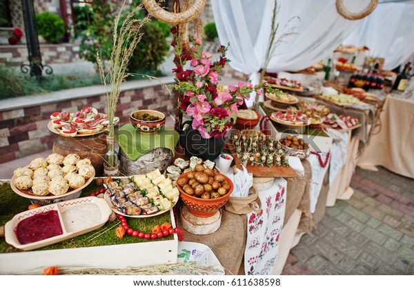 Traditional Ukrainian Food Wedding Reception Outdoor Stock Photo