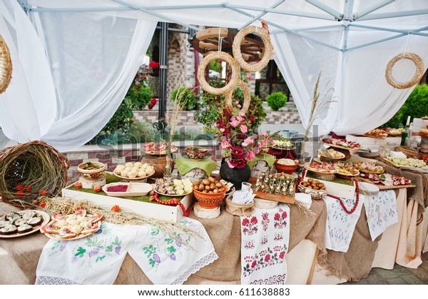 Traditional Ukrainian Food Wedding Reception Outdoor Stock Photo