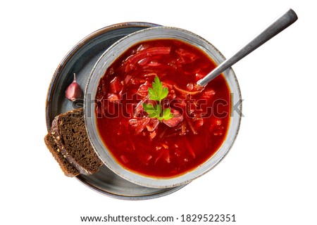 Similar – Image, Stock Photo Tasty beetroot soup borscht. Top view, flat lay