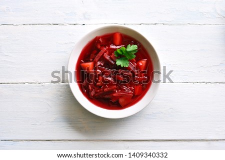 Similar – Image, Stock Photo Tasty beetroot soup borscht. Top view, flat lay