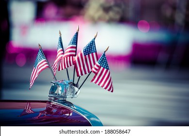 Traditional USA Parade Old Car With Flags