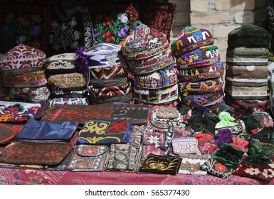 The Traditional Uzbek Cap, Named Tubeteika, On A Market