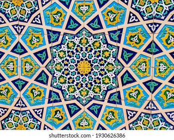 Traditional Uzbek Pattern On The Ceramic Tile On The Wall Of The Mosque