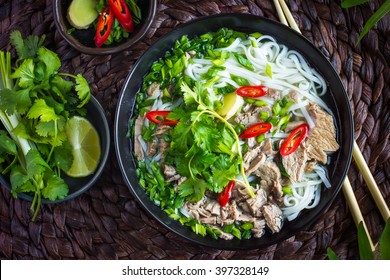 Traditional Vietnamese  Soup Pho With Beef And Rice Noodles, Top View